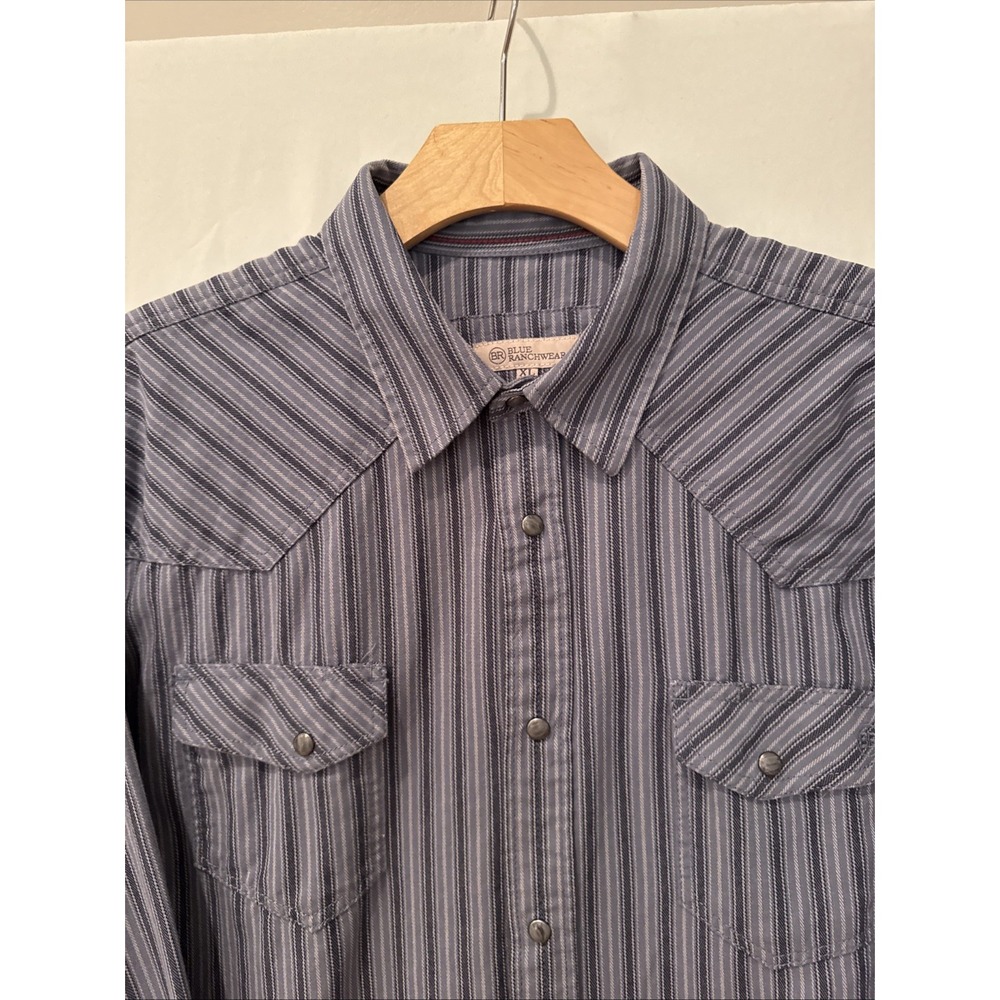 Blue Ranchwear Mens XL Long Sleeve Western Pearl Snap Shirt Gray Stripe